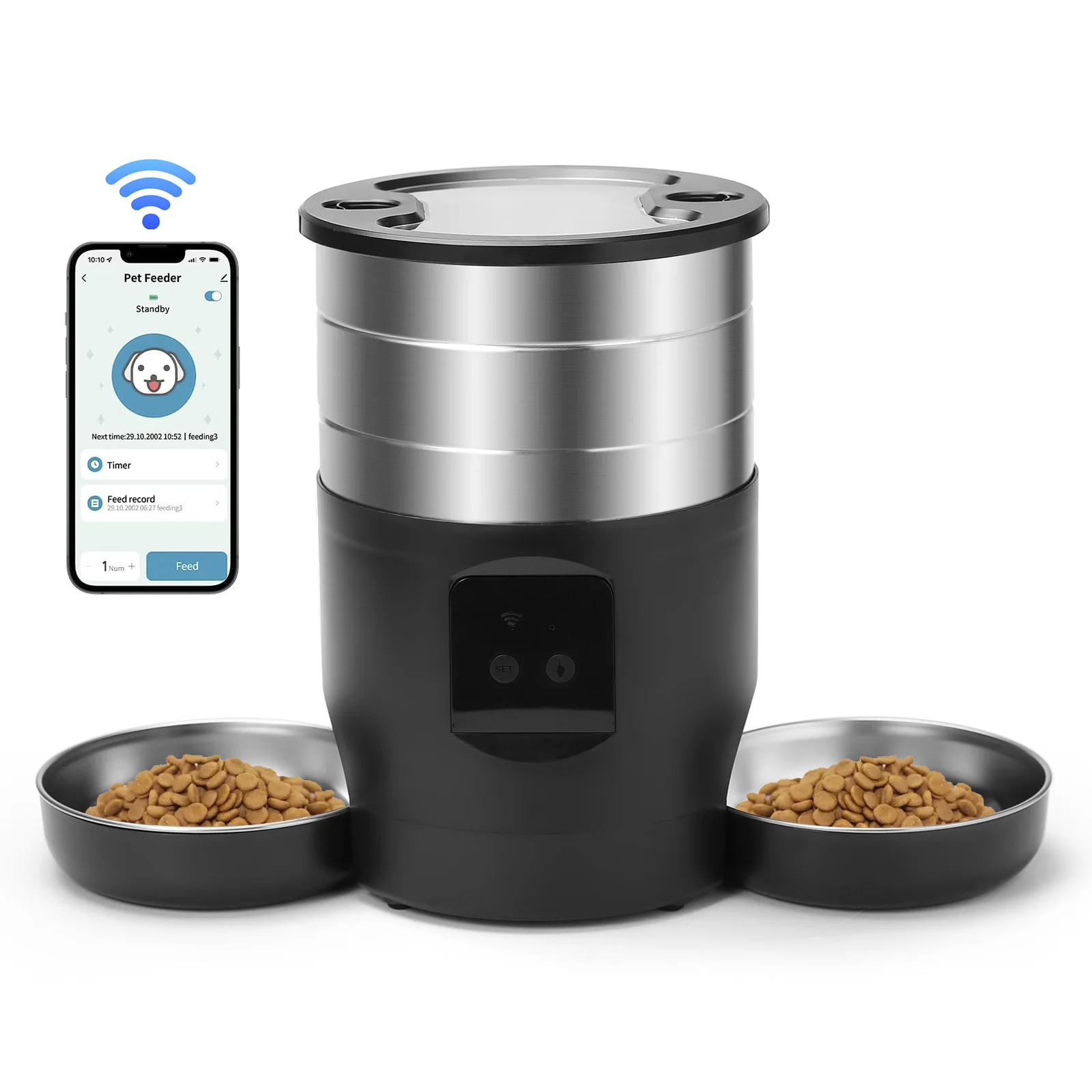 4.5L smart pet feeder with two stainless steel bowls, the open dual-bowl alternative to a microchip cat feeder