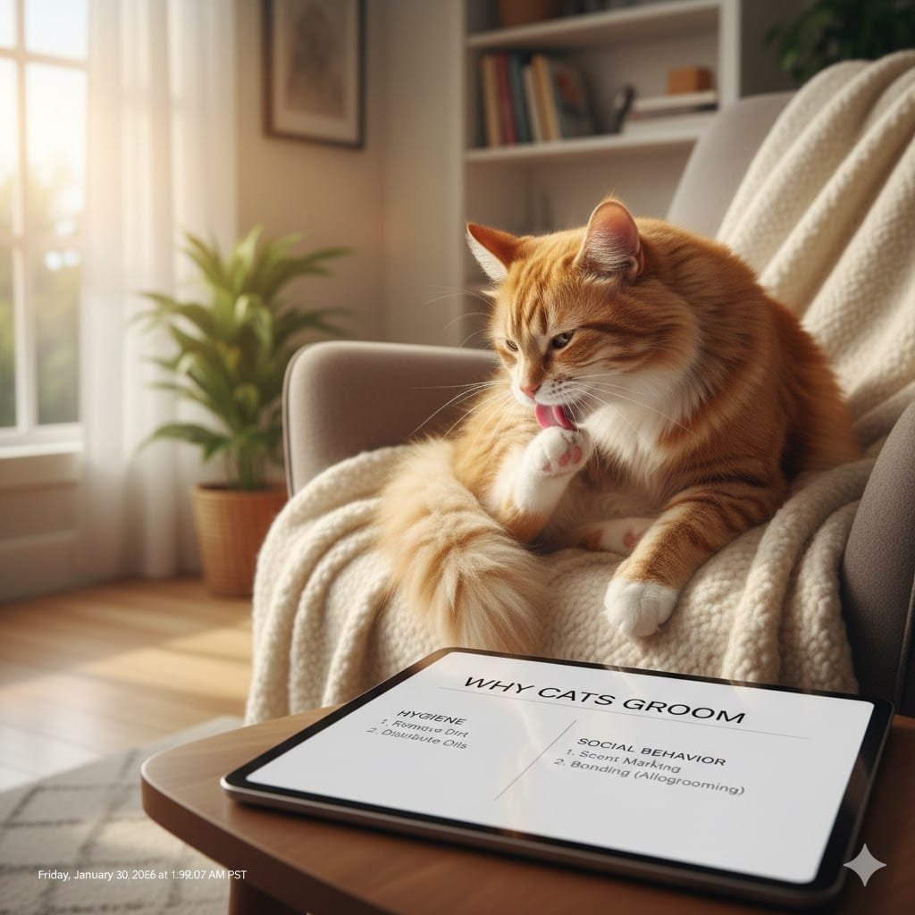 A cat cleaning itself to explain why do cats groom and feline social behavior