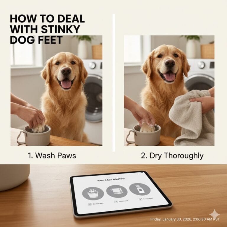 A pet owner cleaning paws to show how to deal with stinky dog feet