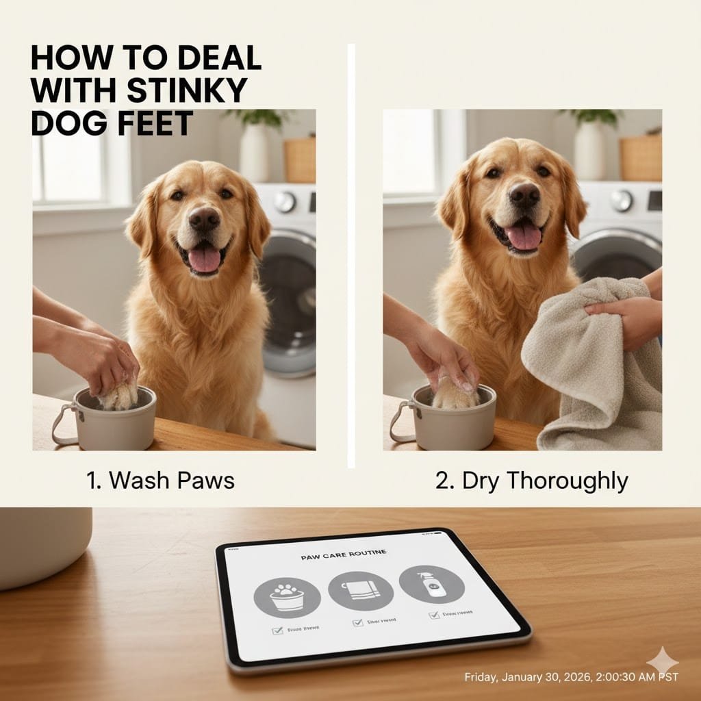 A pet owner cleaning paws to show how to deal with stinky dog feet