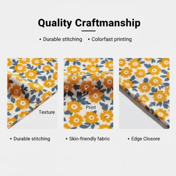 close-up of fabric and stitching on dog bandanas orange floral print