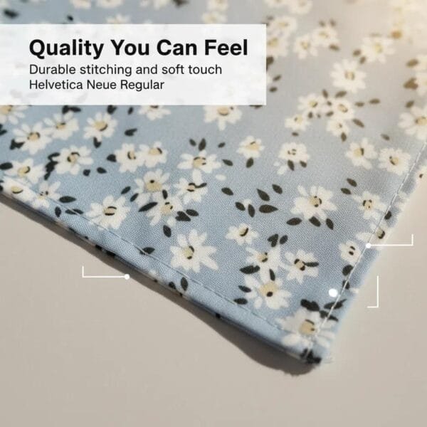 close-up of fabric and stitching on dog bandanas blue floral print