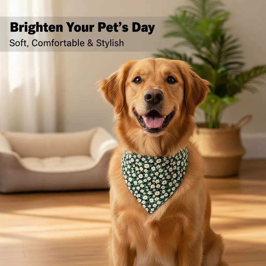 close-up of stitching and fabric on dog bandanas dark green floral design