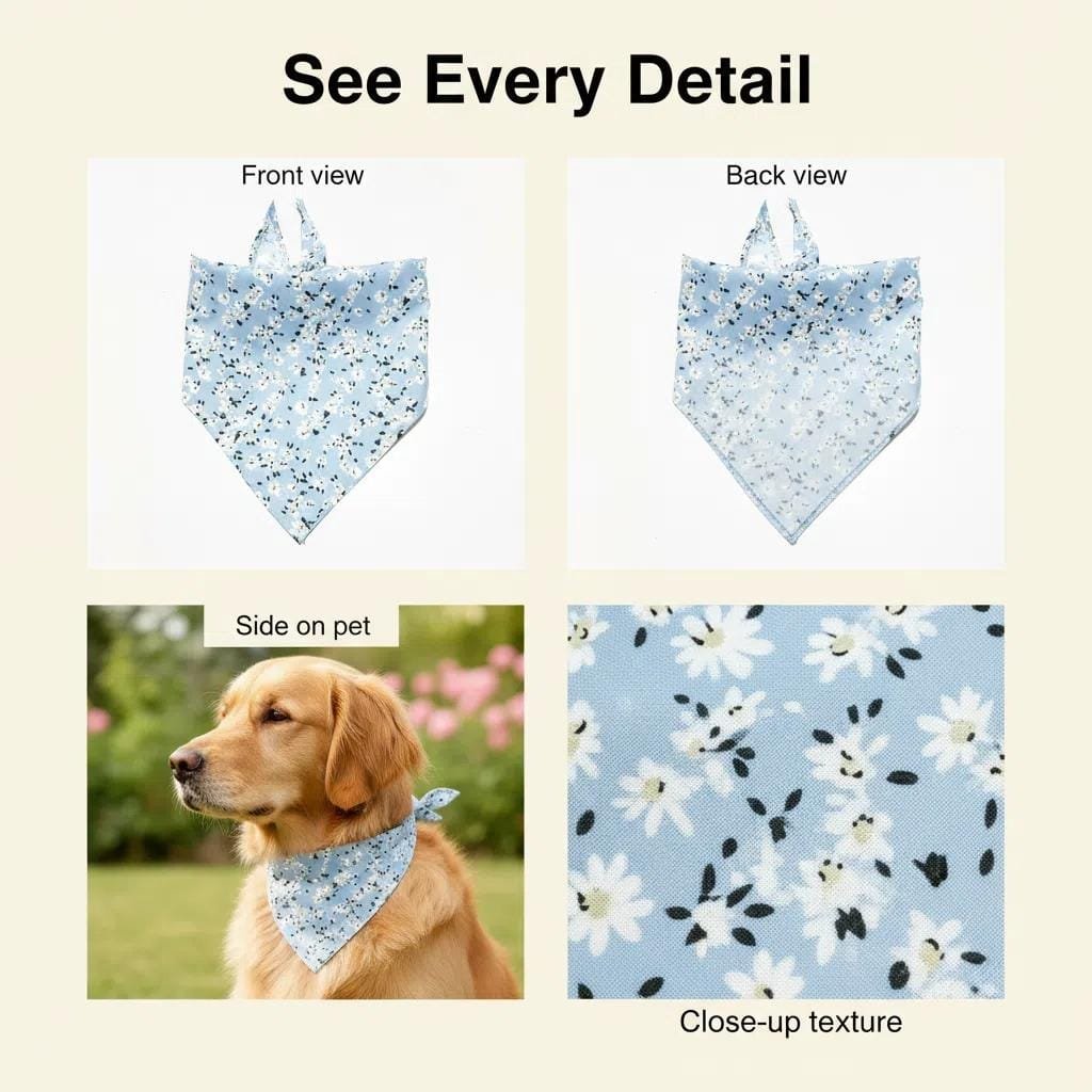 close-up of fabric and stitching on dog bandanas blue floral print