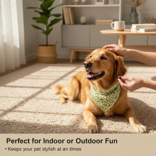 close-up of fabric and stitching on dog bandanas green floral print