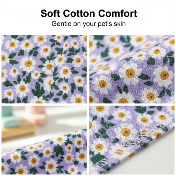 close-up of fabric and stitching on dog bandanas purple floral design close-up of fabric and stitching on dog bandanas purple floral design