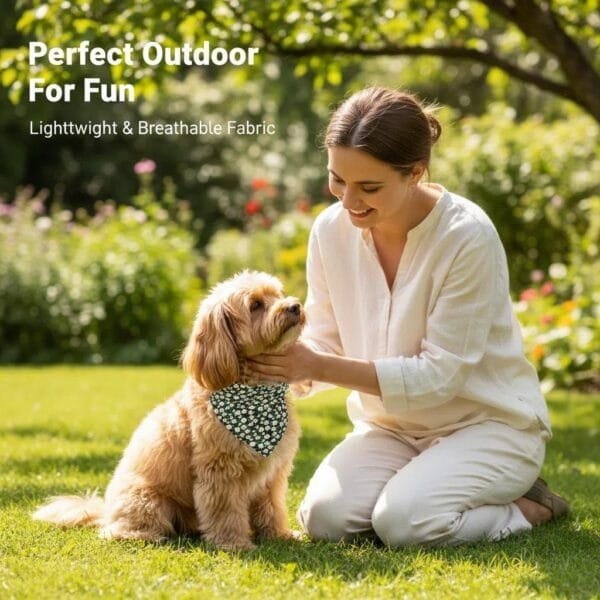 close-up of stitching and fabric on dog bandanas dark green floral design