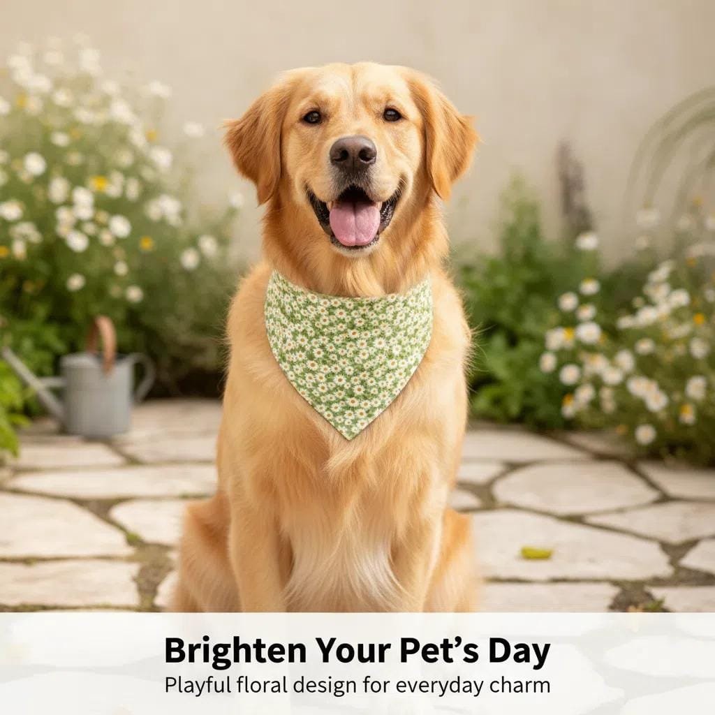 close-up of fabric and stitching on dog bandanas green floral print