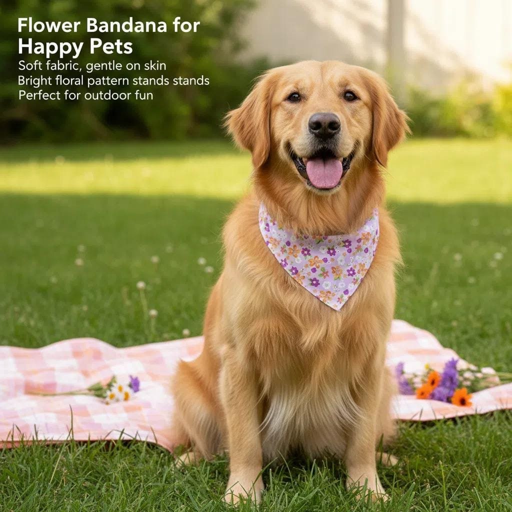 golden retriever wearing dog bandanas pink floral triangle bandana outdoors