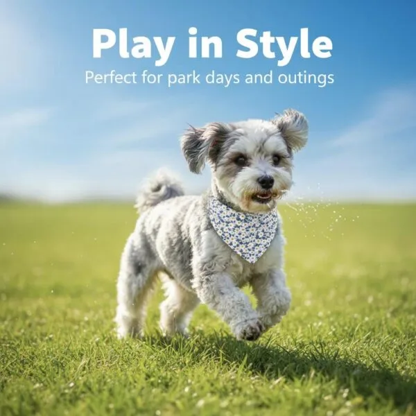 close-up of fabric and stitching on dog bandanas purple floral design