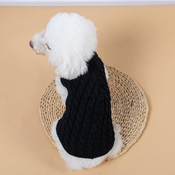 grey cable knit dog sweater laid flat showing turtleneck and ribbed hem 1