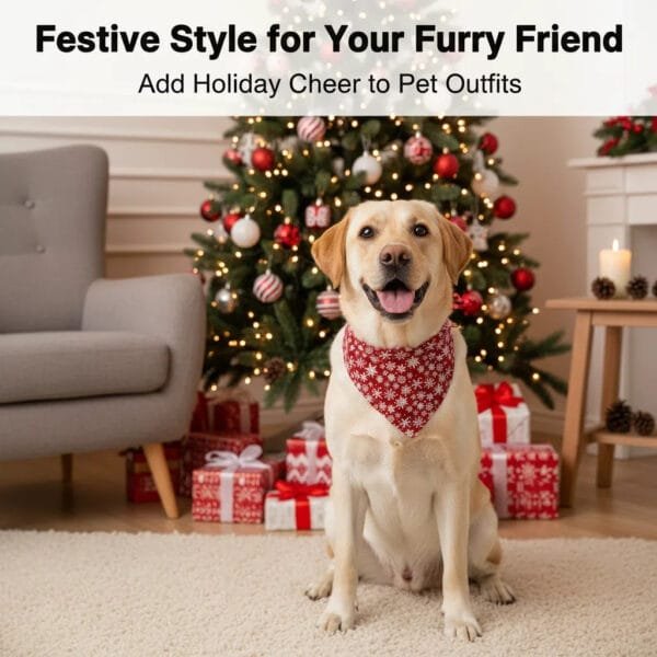 close-up of red snowflake Christmas dog bandana fabric and stitching