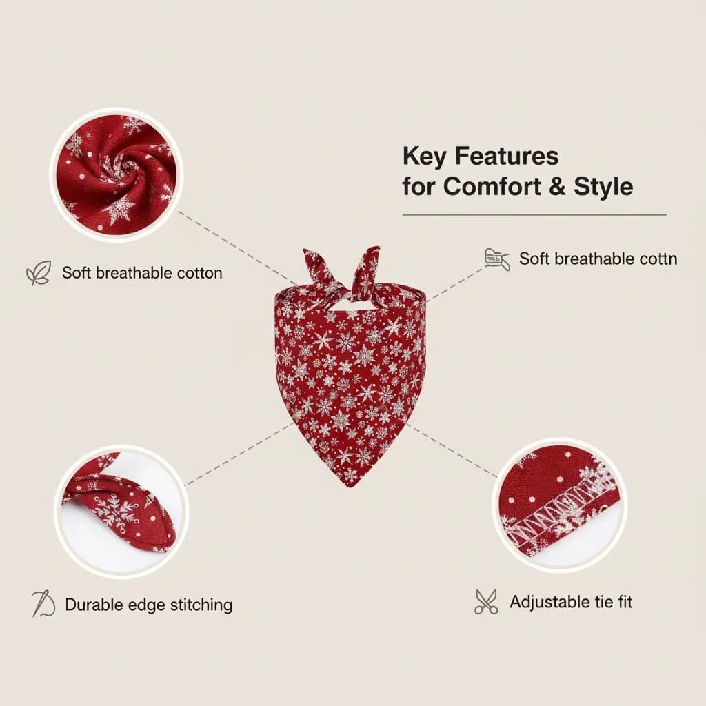close-up of red snowflake Christmas dog bandana fabric and stitching