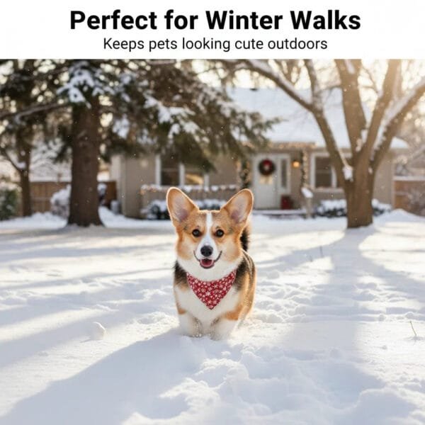 close-up of red snowflake Christmas dog bandana fabric and stitching