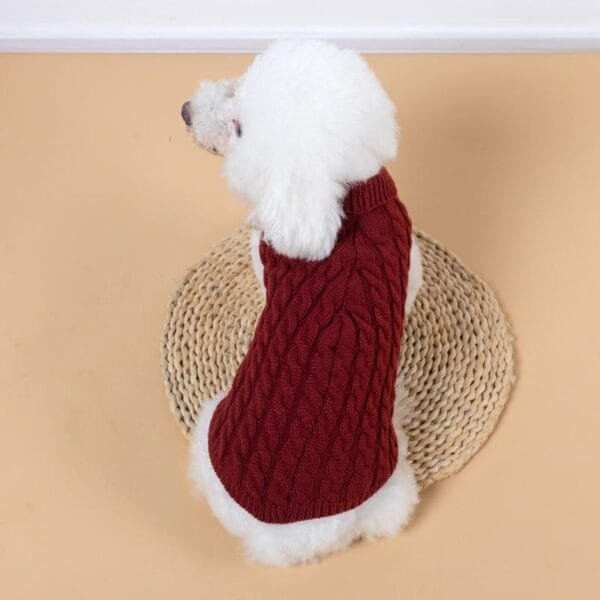 grey cable knit dog sweater laid flat showing turtleneck and ribbed hem 6