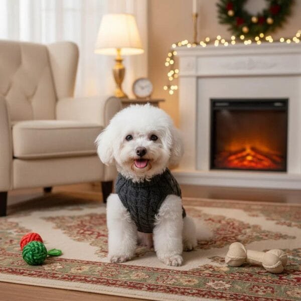 cable knit dog sweater on small white dog sitting by fireplace