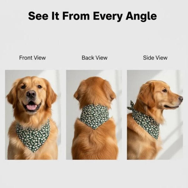 close-up of stitching and fabric on dog bandanas dark green floral design