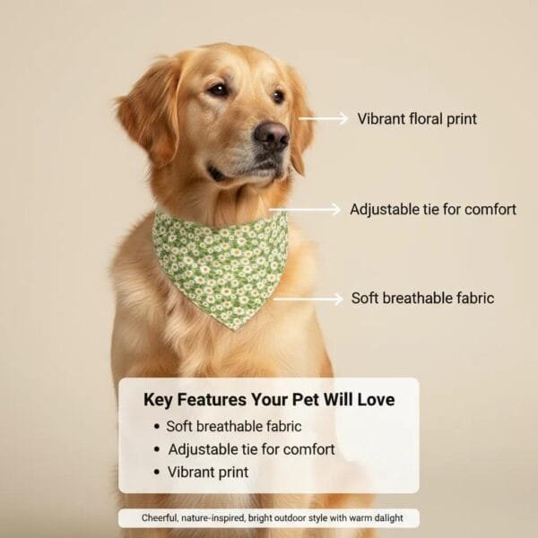 close-up of fabric and stitching on dog bandanas green floral print