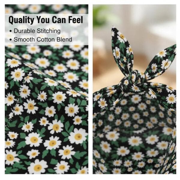 close-up of stitching and fabric on dog bandanas dark green floral design