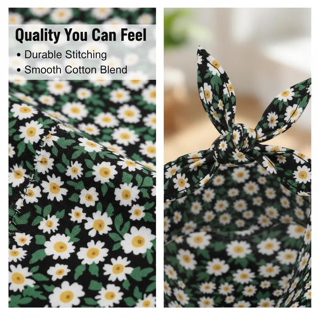 close-up of stitching and fabric on dog bandanas dark green floral design