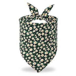 close-up of stitching and fabric on dog bandanas dark green floral design