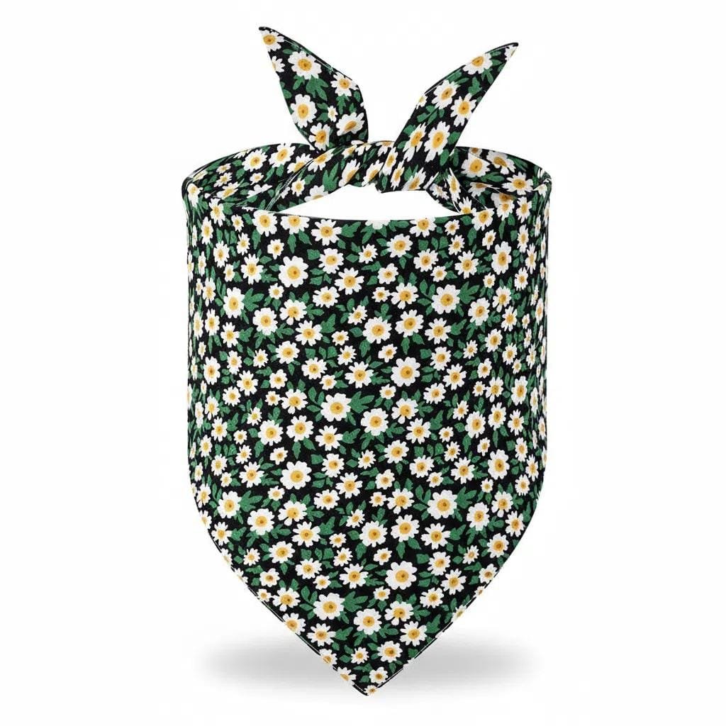 close-up of stitching and fabric on dog bandanas dark green floral design