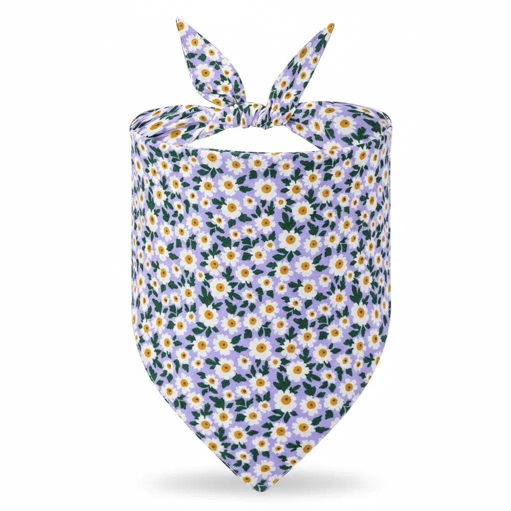 close-up of fabric and stitching on dog bandanas purple floral design