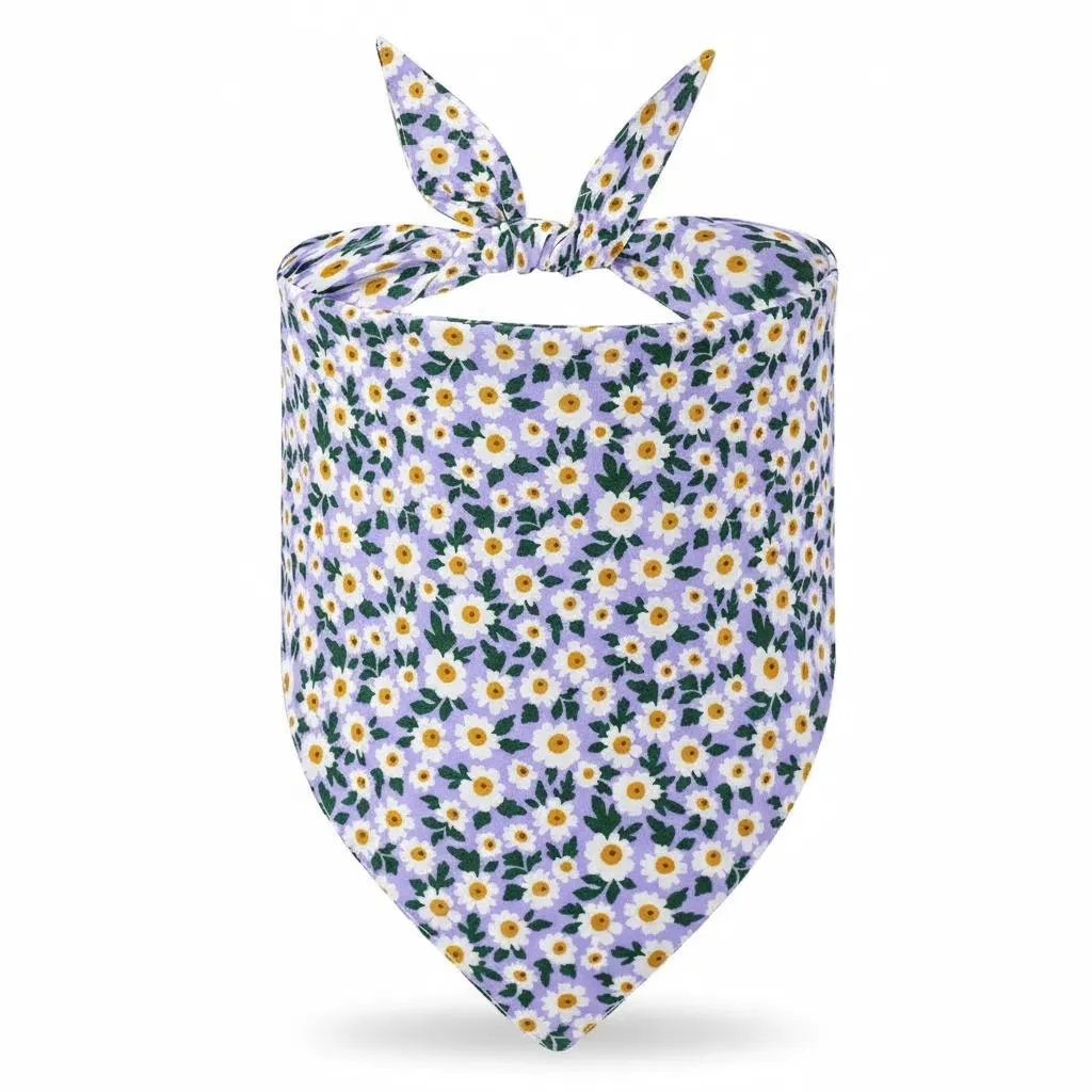 close-up of fabric and stitching on dog bandanas purple floral design