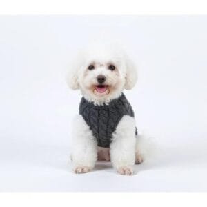 grey cable knit dog sweater laid flat showing turtleneck and ribbed hem 4
