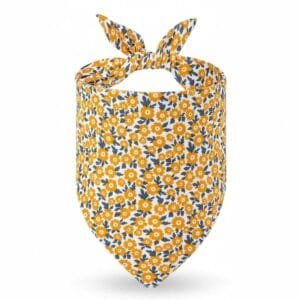 close-up of fabric and stitching on dog bandanas orange floral print