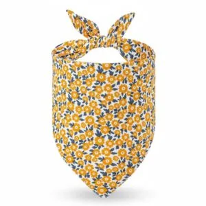 close-up of fabric and stitching on dog bandanas orange floral print