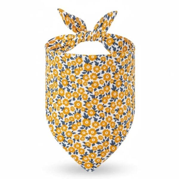 close-up of fabric and stitching on dog bandanas orange floral print