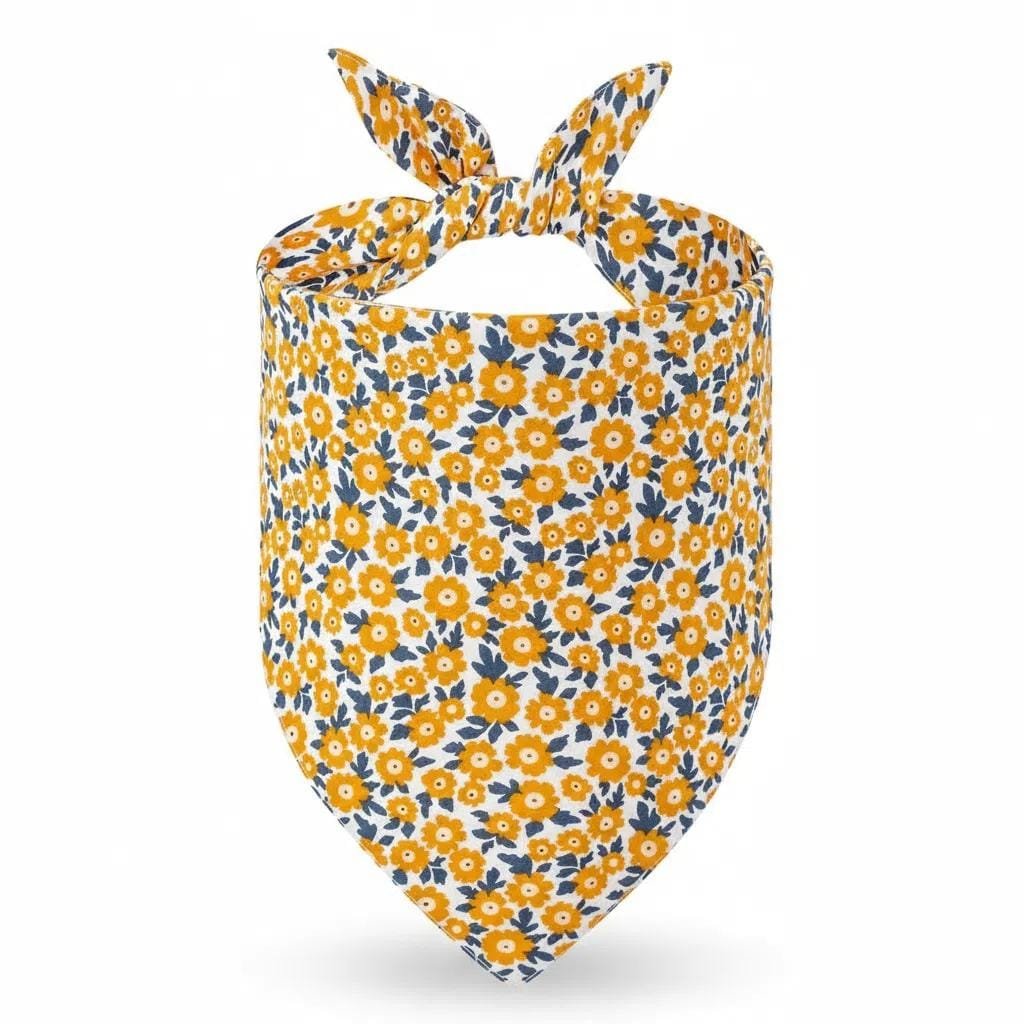 close-up of fabric and stitching on dog bandanas orange floral print