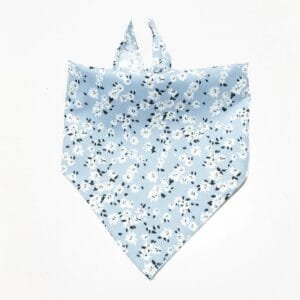 close-up of fabric and stitching on dog bandanas blue floral print