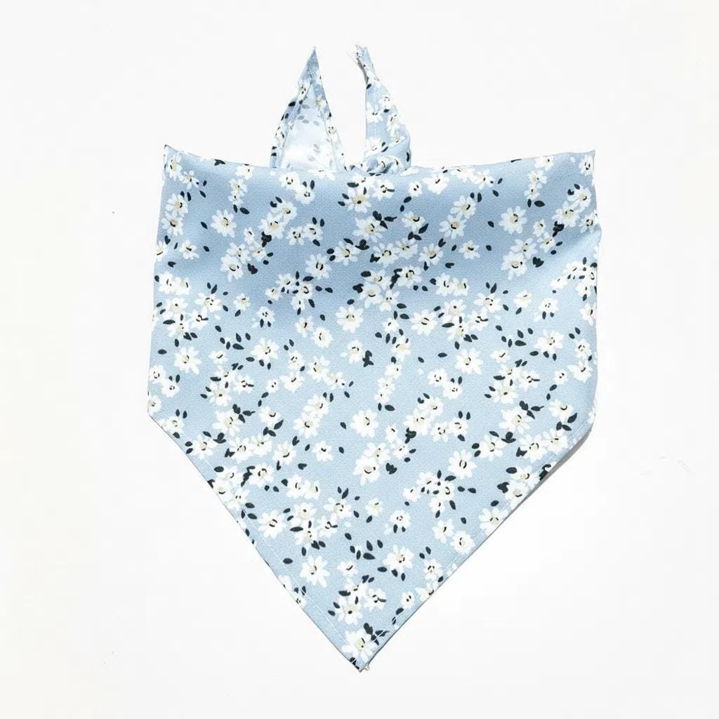 close-up of fabric and stitching on dog bandanas blue floral print