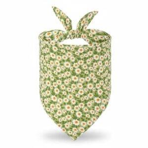 close-up of fabric and stitching on dog bandanas green floral print