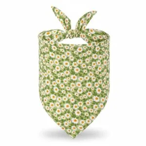 close-up of fabric and stitching on dog bandanas green floral print