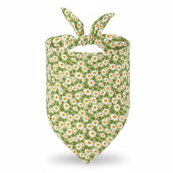 close-up of fabric and stitching on dog bandanas green floral print