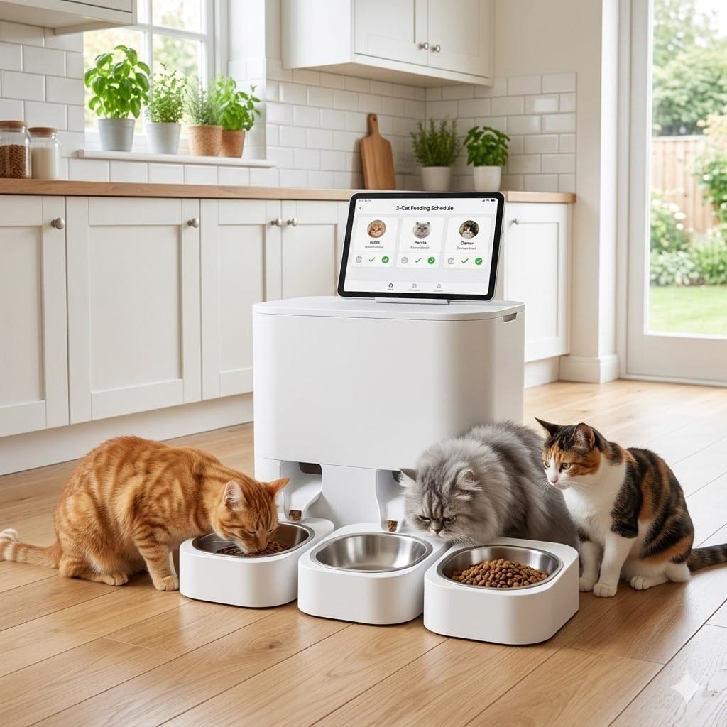 A 3-unit automatic cat feeder for 3 cats setup in a modern kitchen showing separate feeding stations.