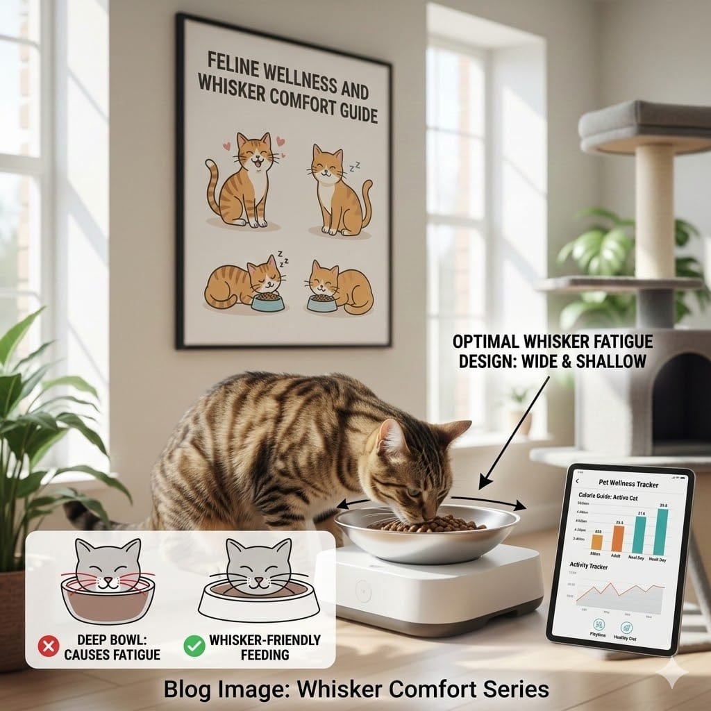 A cat enjoying a meal from a shallow whisker fatigue cat feeder, demonstrating the optimal wide-dish design.