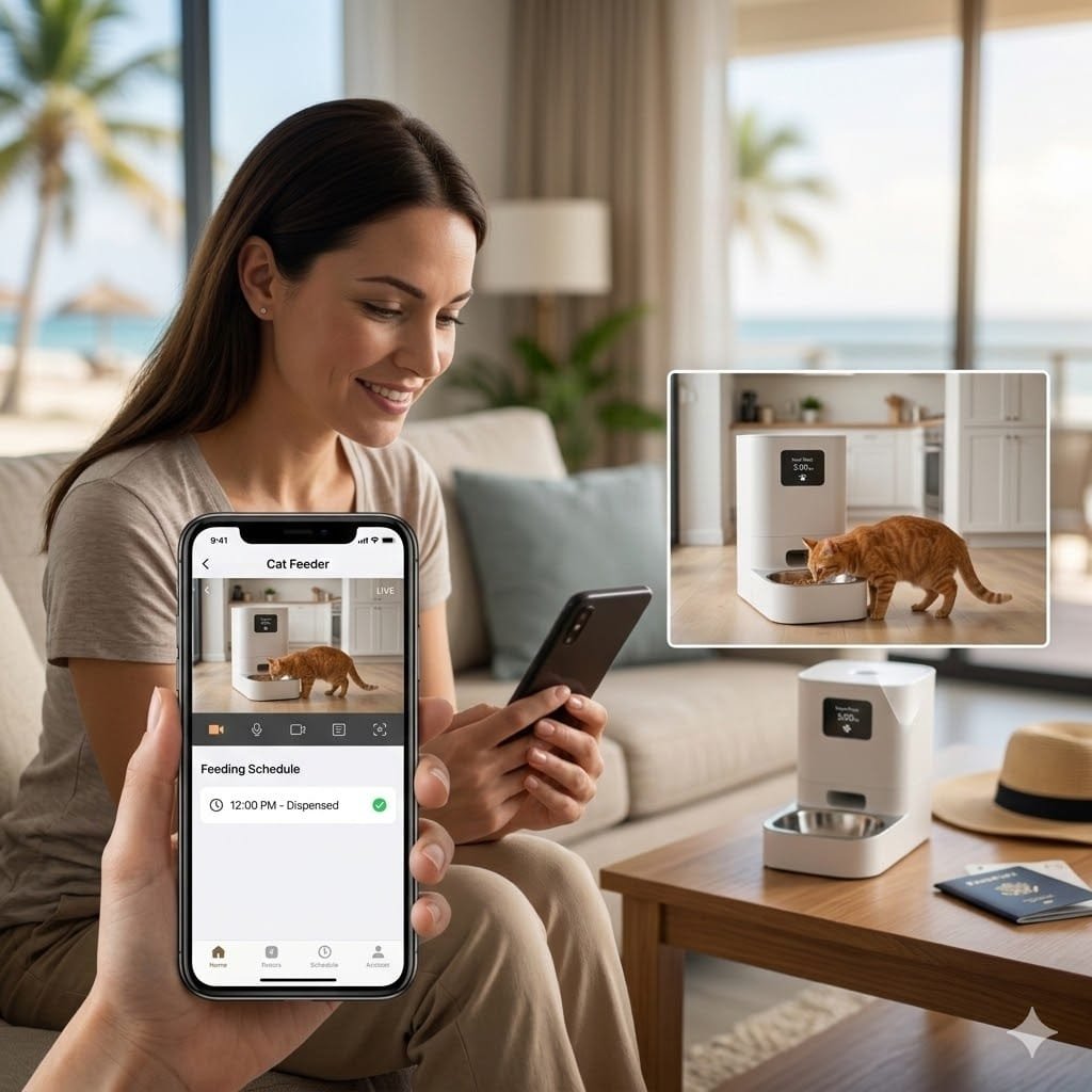 A pet owner monitoring their cat through a smartphone app connected to a cat feeder for vacation