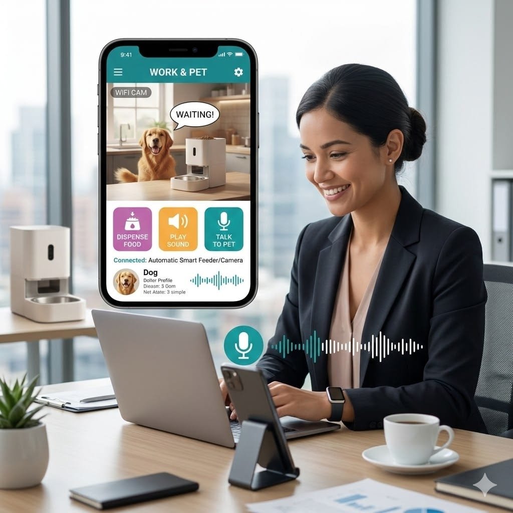 A professional woman at her office using an automatic pet feeder for work app to talk to her dog through a WiFi camera.
