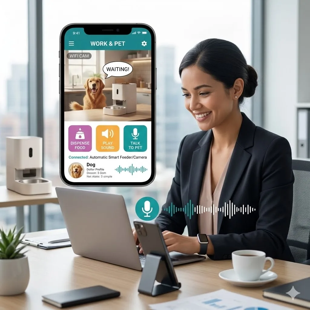 A professional woman at her office using an automatic pet feeder for work app to talk to her dog through a WiFi camera.