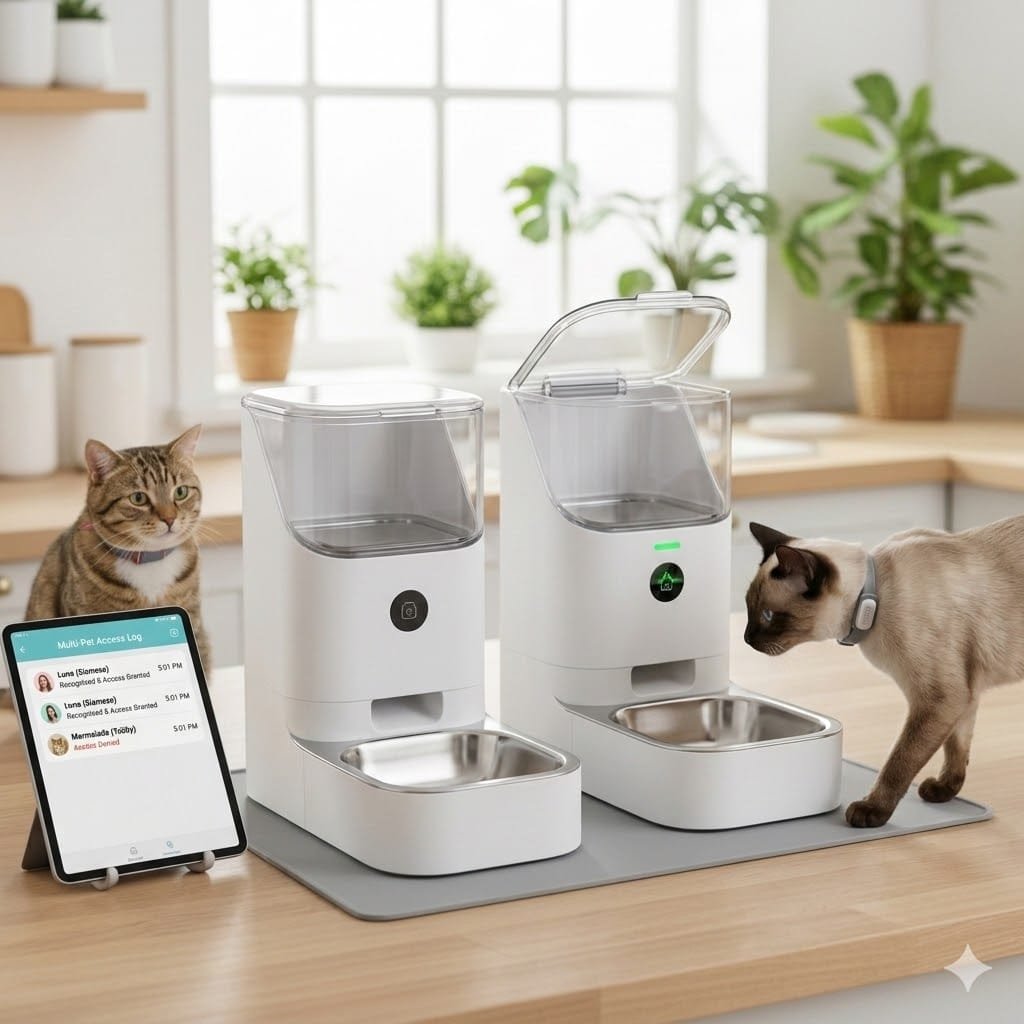 A premium microchip feeder for multiple cats opening its lid only for an identified cat with an RFID collar tag.