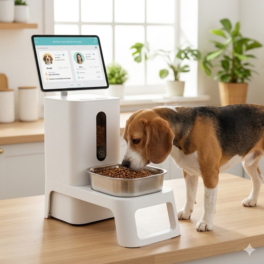 A medium-sized dog using an elevated automatic feeder for dogs with acid reflux to improve digestive posture