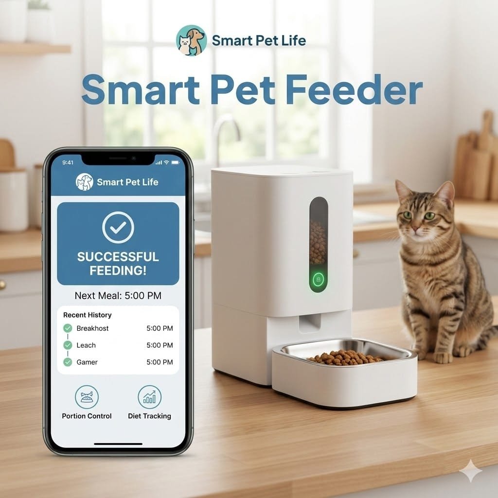 A successful smart life pet feeder setup screen on a smartphone next to a connected smart feeder