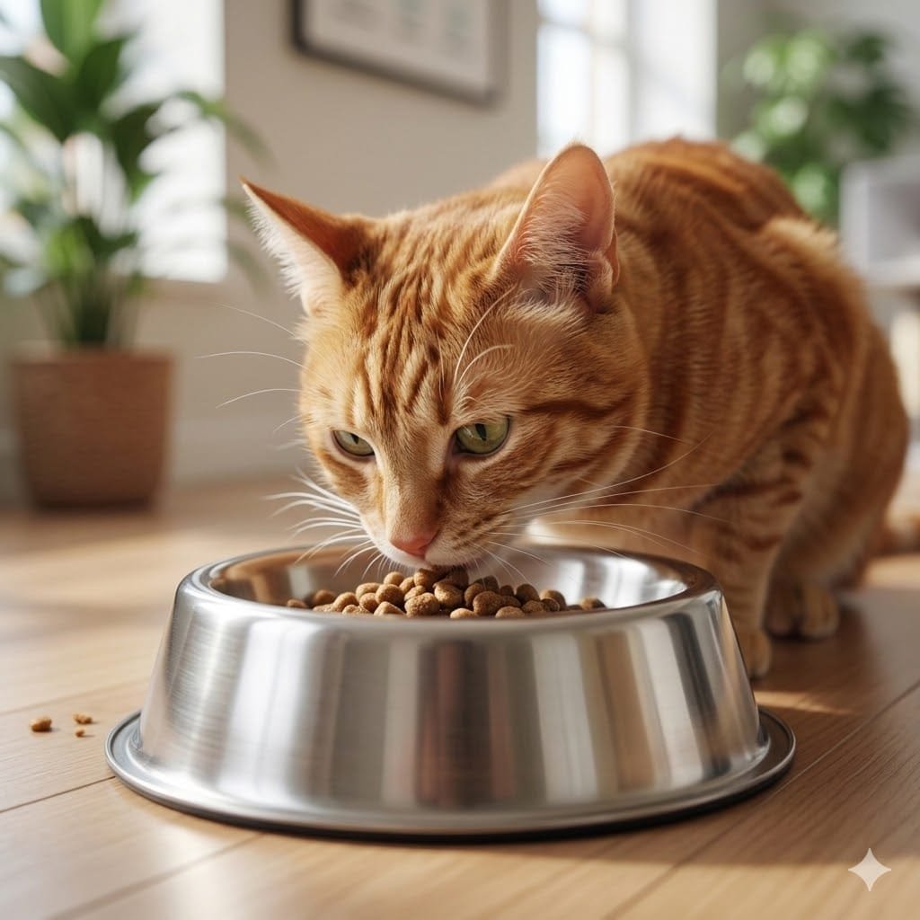 A close-up of a cat eating from a hygienic stainless steel bowl, showcasing the stainless steel cat feeder bowl benefits.