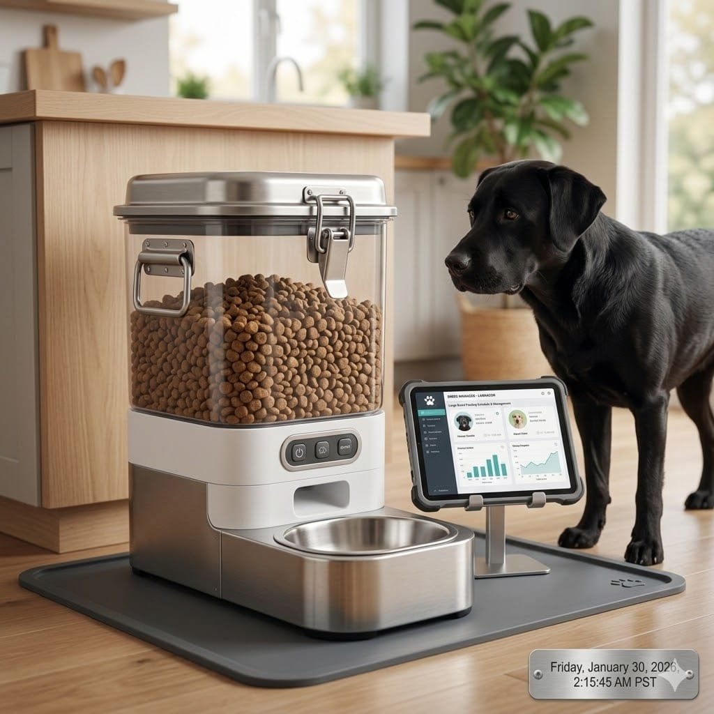 A heavy-duty automatic dog feeder for large dogs designed with a secure locking lid and high-capacity tank for big breeds.