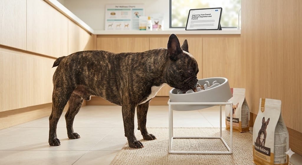 A French Bulldog using an elevated slow feeder for french bulldogs to improve digestive posture and prevent choking.
