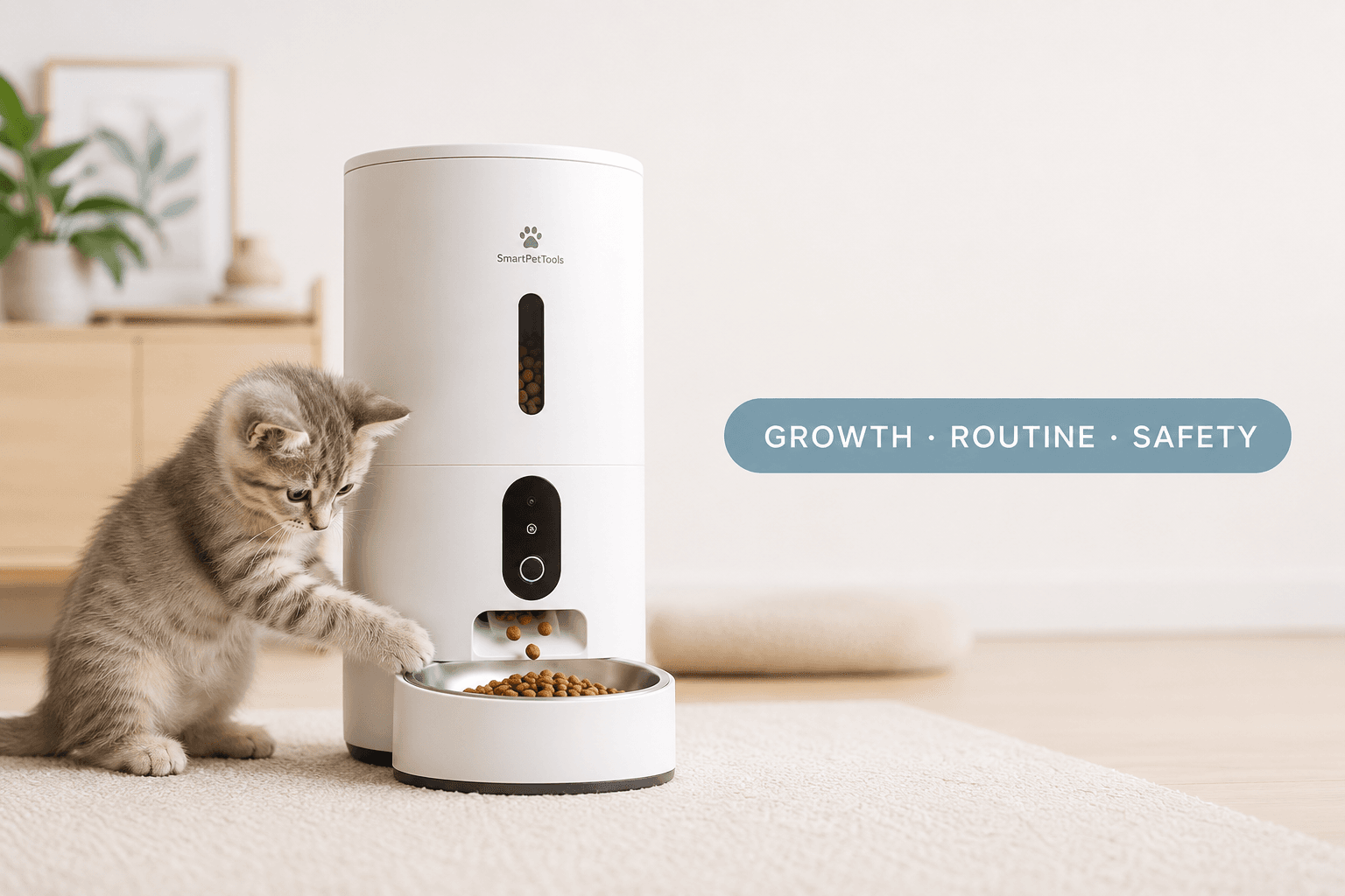 automatic kitten feeder cover image with growth routine safety badge